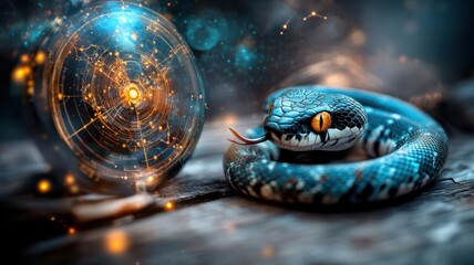 Fototapeta premium Ethereal snake image with celestial patterns and lunar phases, cultural symbols of intuition and guidance