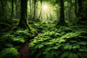 Obraz premium An enchanted irish forest with glowing shamrocks lush-green ferns and soft light, Ai Generated