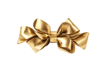 Shiny golden gift bow with textured ribbon loops  isolated on transparent background, png.