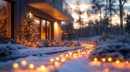 Minimalist decorated house with a warmly lit tree in the yard, creating a calm holiday atmosphere with gentle lights,