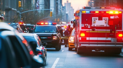 Car accident on a busy street in New York. USA. emergency responders at the scene. organized response.