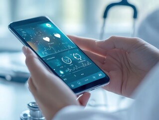 Woman holding smartphone with health and fitness tracking app displayed, wellness and activity monitoring