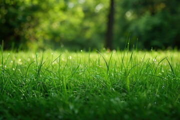 Naklejka premium Green background with grass texture in natural park setting.