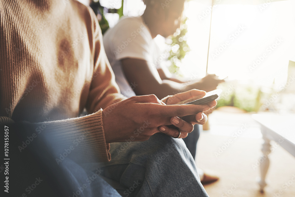 Poster hands, phone and text message with couple in living room of home for communication or search closeup