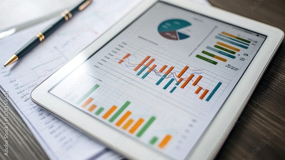 Poster data analysis on tablet with graphs and charts