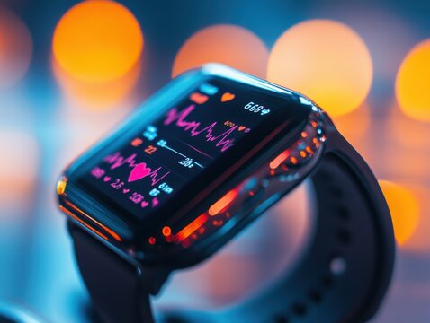 Smartwatch displaying health and physical activity metrics with wellness and fitness tracking features