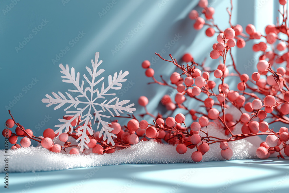 Poster minimalist holiday scene with a single-tone pastel background and a simple paper snowflake, creating
