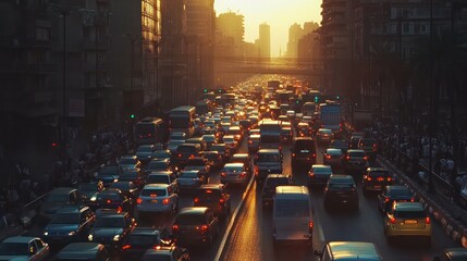 City traffic in Cairo. Egypt. heavy vehicles and cars crowded in the urban center during peak hours.