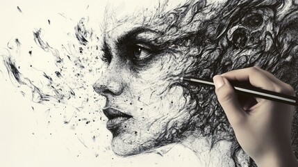A hand carefully draws a detailed portrait of a woman's face in black and white.