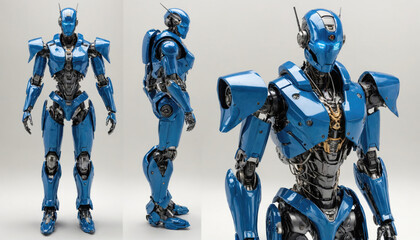 Fototapeta premium A blue humanoid robot stands against a white background, showcasing its detailed design and intricate mechanics
