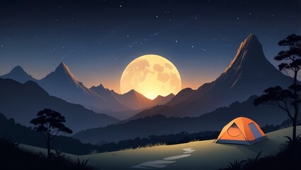 illustration of a mountain with shining stars at night with a view of a camping tent