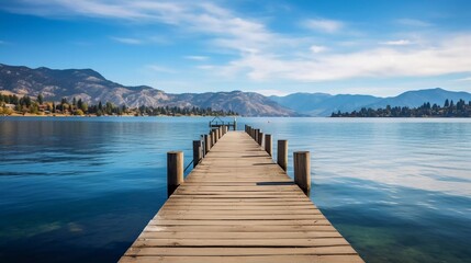Fototapeta premium A serene wooden pier extends into a calm lake, surrounded by mountains and a clear blue sky.