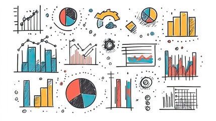 Hand drawn charts and graphs illustrate financial data and analytics.