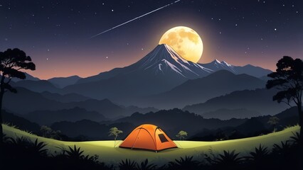 illustration of a mountain with shining stars at night with a view of a camping tent