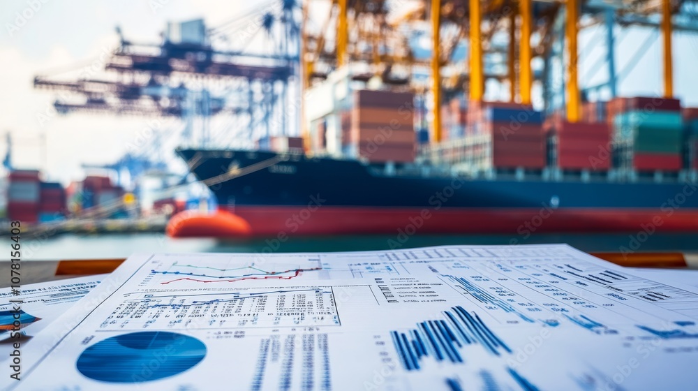 Aufkleber a business report is displayed in the foreground with a freight ship and containers in the backgroun