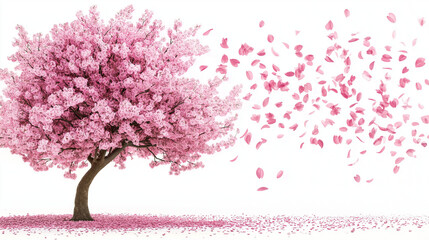 Obraz premium Petals in Motion Blooming Cherry Tree with Pink Petals Floating Away
