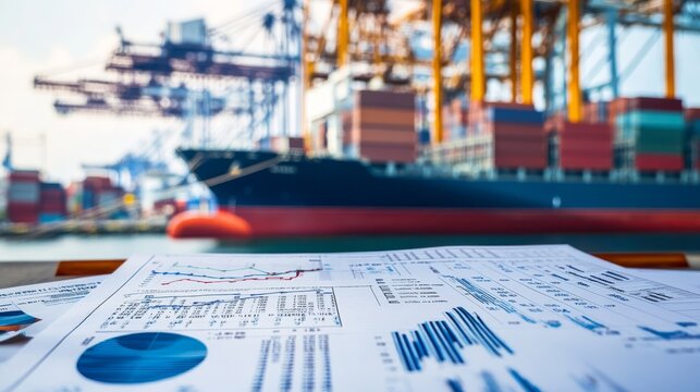 A business report is displayed in the foreground with a freight ship and containers in the background, depicting maritime logistics and commerce.
