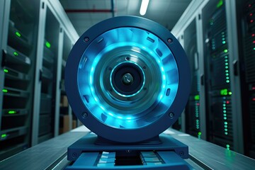 Neon blue scanner and computer server for business data storage.