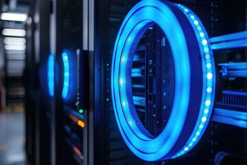 Neon blue scanner and computer server for business data storage.