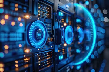 Neon blue scanner and computer server for business data storage.