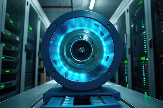 Neon blue scanner and computer server for business data storage.