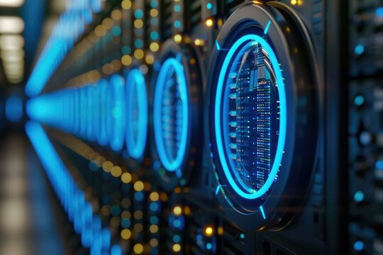 Neon blue scanner and computer server for business data storage.