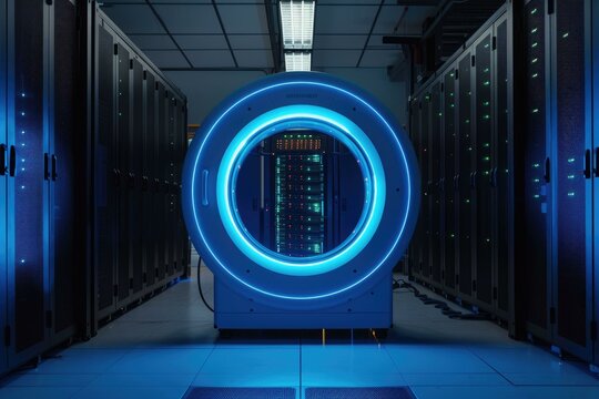Neon blue scanner in server room for data storage concept.