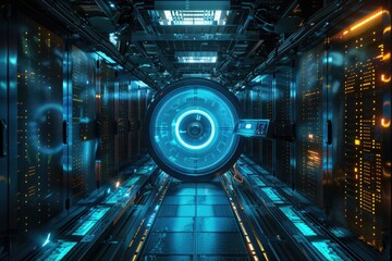 Neon blue scanner in server room for data storage concept.