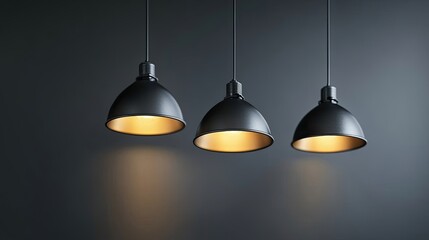 Three black pendant lights with gold interiors illuminate a dark room with a soft, warm glow.