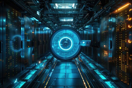 Neon blue scanner in server room for data storage concept. - Powered by Adobe