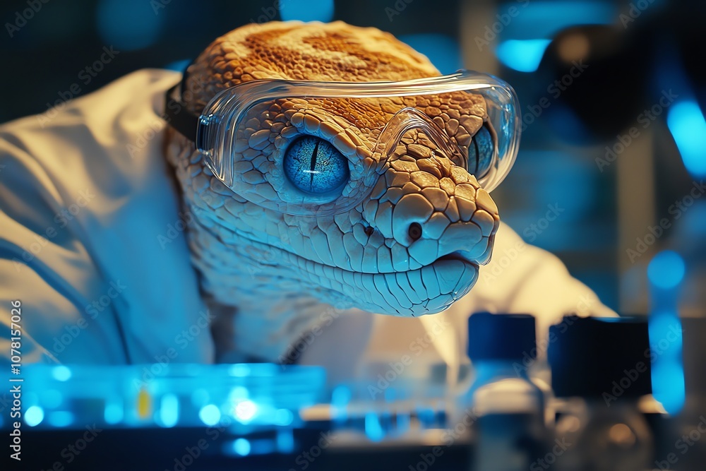 Poster a close-up shot of a snake wearing safety goggles and a lab coat, looking at the camera with a serio