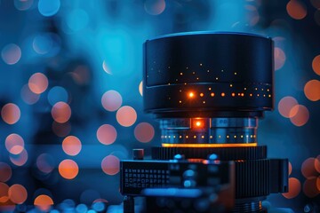 Round scanner processing data against glowing light on blue background.