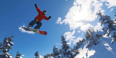 A snowboarder leaps high in the air, the bright blue sky stretching out behind them.
