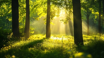 Obraz premium A serene forest scene with sunlight filtering through trees, creating a tranquil atmosphere.