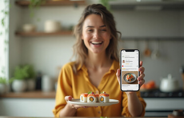a vibrant scene of a woman in a modern kitchen, holding a phone in one hand while the other hand holding a plate of sushi