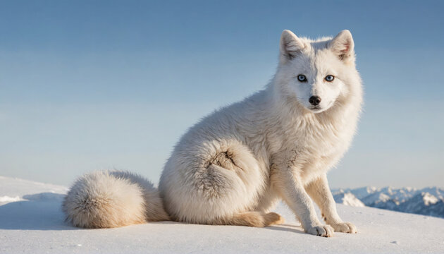 A white fox sits on a snowy mountaintop, gazing intently at the camera