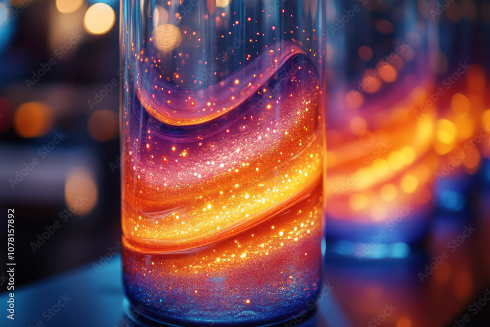 Poster macro capture of a lava lamp's swirling bubbles, with vibrant colors and hyperrealistic light reflec