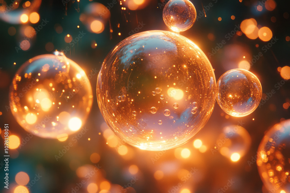 Poster hyperrealistic macro of lava lamp fluid with light reflections, each bubble showing smooth textures 