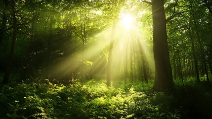 Obraz premium A serene forest scene with sunlight filtering through trees, creating a tranquil atmosphere.