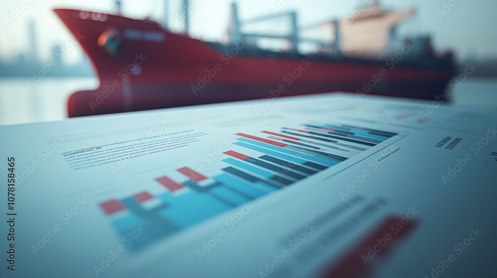 Poster a close-up of a financial report with bar graphs, positioned in the foreground, while a cargo ship i