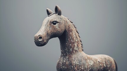 A rustic wooden horse sculpture with a textured finish.