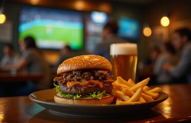 a lively scene at a bar featuring a plate of burgers, crispy fries, and a cold beer placed on the counter, with a TV in the background showing a football match