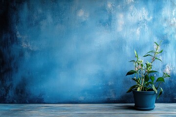A potted plant with white flowers sits on a wooden surface against a blue wall.
