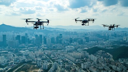 Drone traffic monitoring over Seoul. South Korea. organized city management for aerial vehicles.