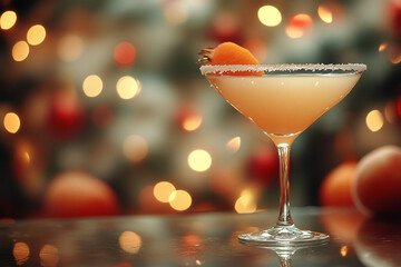 Minimal cocktail glass with a pale peach drink and a single sugar rim, capturing a festive, understated New Yearâ€™s vibe,