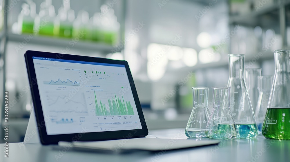 Poster modern laboratory with data analysis on a tablet