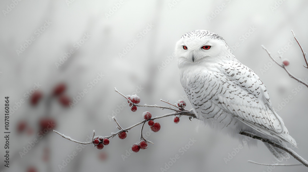 Poster minimalist depiction of a snowy owl perched on a bare branch against a soft gray sky, creating a ser