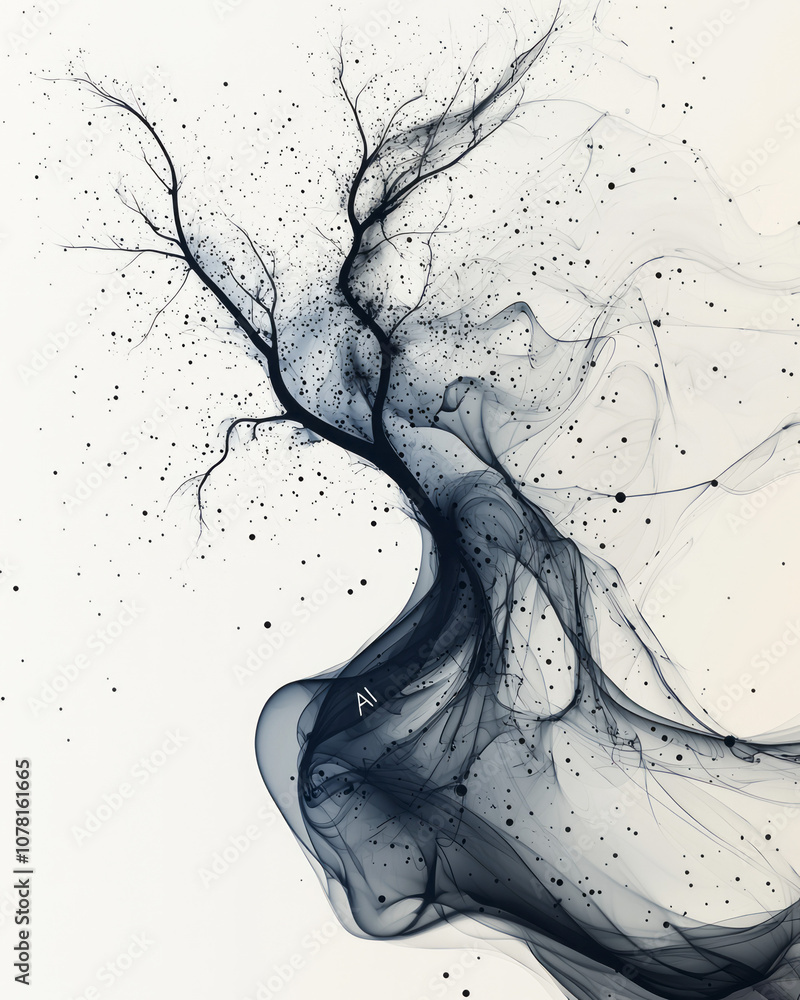 Poster Minimalist icon of AI as a focal point, with smooth lines extending outwards to smaller dots on a plain background,
