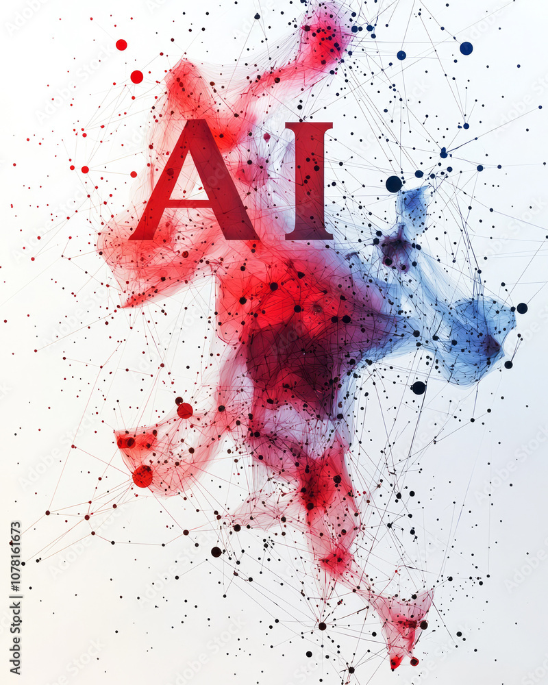 Poster Minimalist icon of AI as a focal point, with smooth lines extending outwards to smaller dots on a plain background,