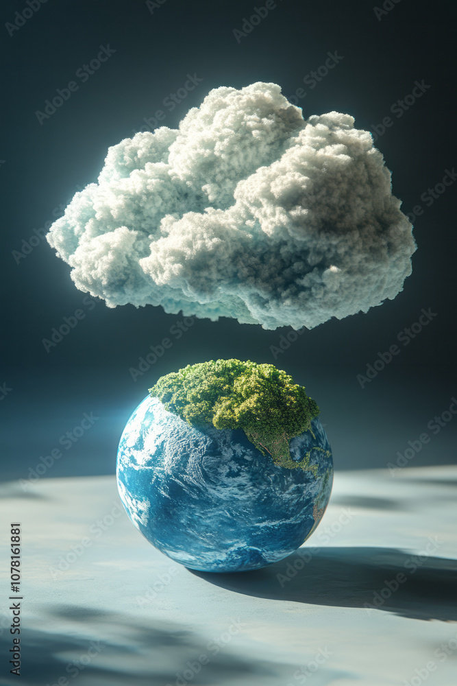 Poster simple design of ai shaped like a cloud, hovering above a small, minimal earth, casting a subtle sha